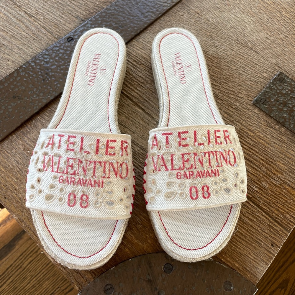 Valentino atelier eyelet beige linen slides sandals flats sz 39